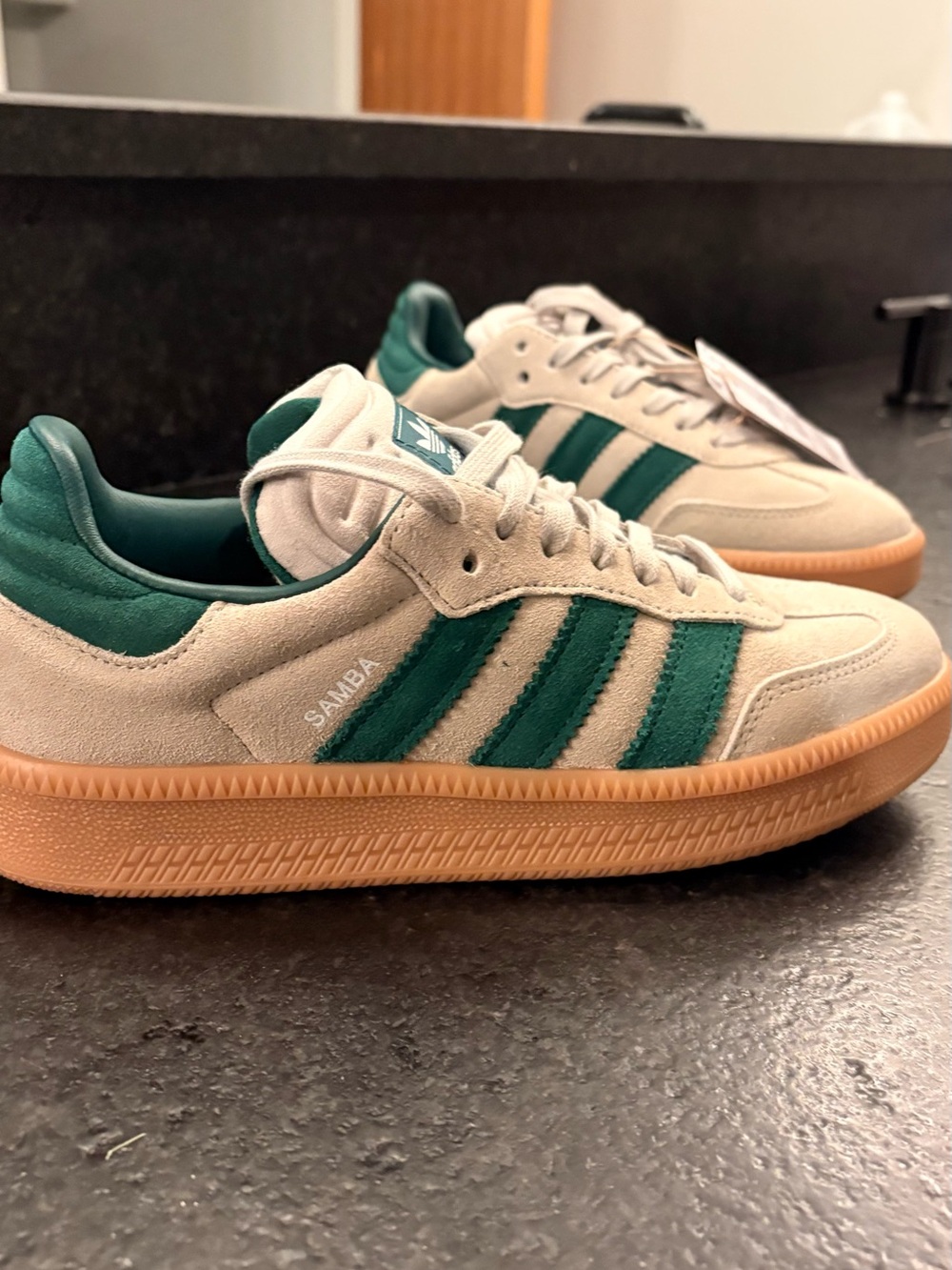 adidas Samba Suede Sneakers in Cream with Green Stripes and Gum Sole - Picture 2 of 6